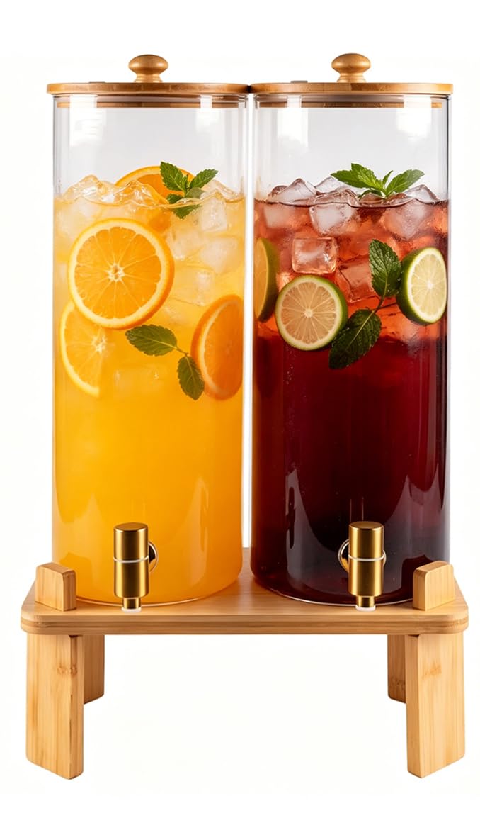 2 Gallon Glass Beverage Dispenser with Spigot and Bamboo Stand Q396