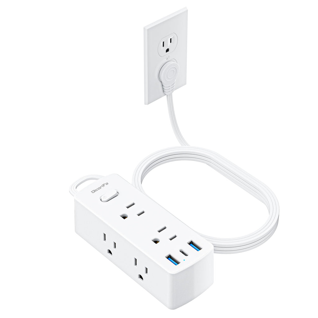 Flat Plug Power Strip with 5 FT Extension Cord, 6 Outlets 3 USB Ports, White A30355