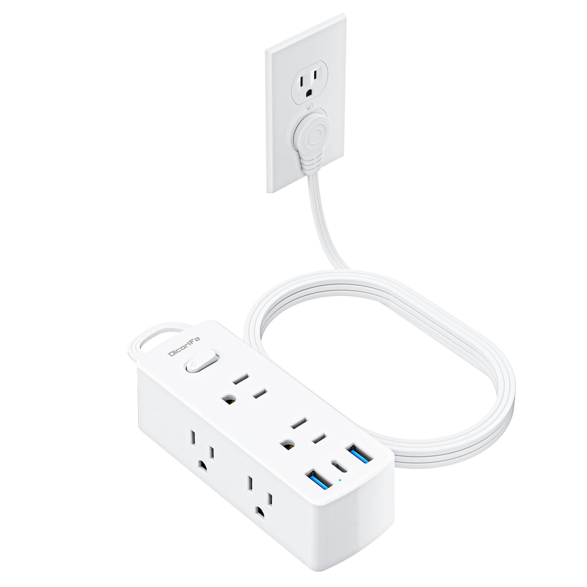 Flat Plug Power Strip with 5 FT Extension Cord, 6 Outlets 3 USB Ports, White A30355