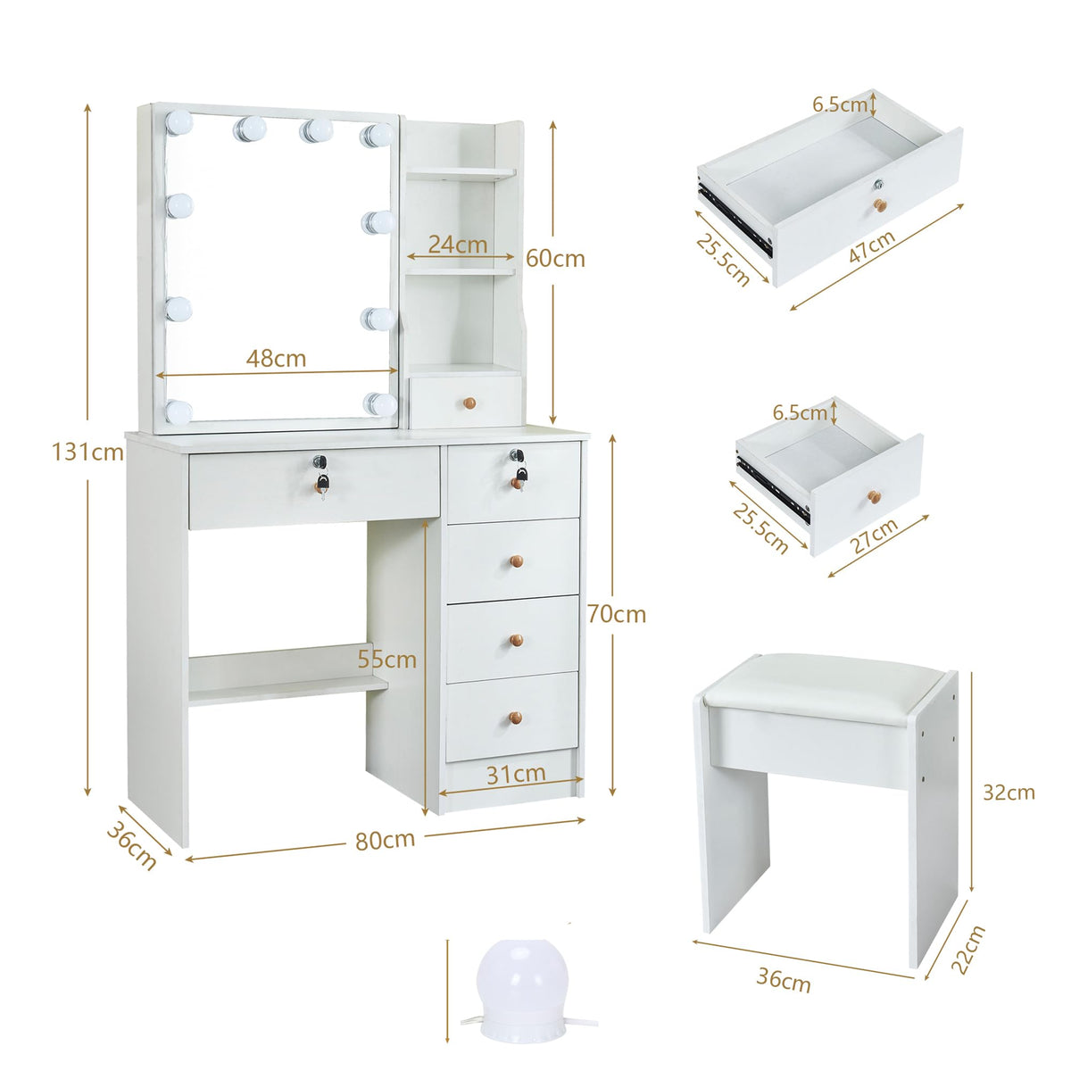 White Vanity Mirror with Lights Desk and Chair 5 Drawers Makeup Table O161108