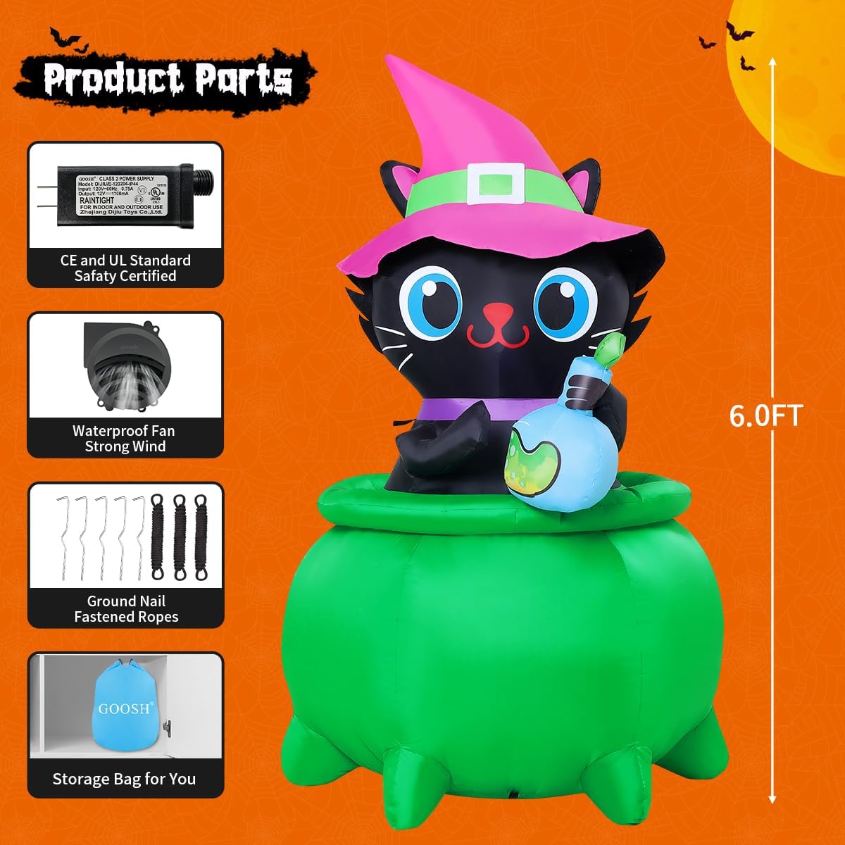 6 FT Halloween Inflatable Cat with LED Lights Y910