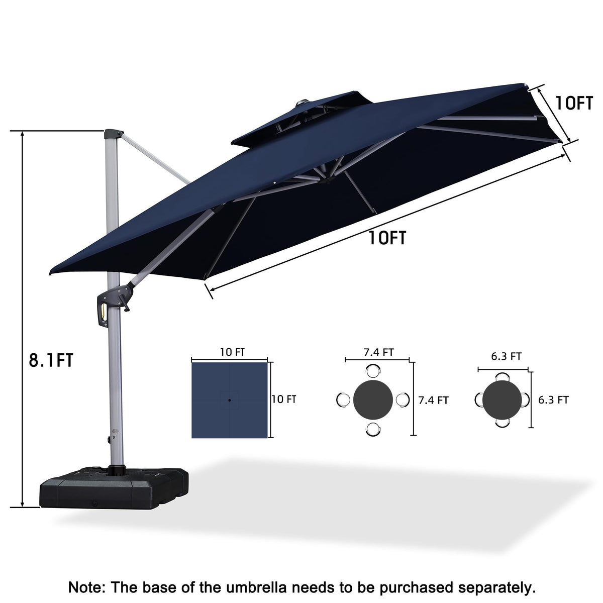 10'x 10' Square Double Top Navy Blue Cantilever Patio Umbrella V50978