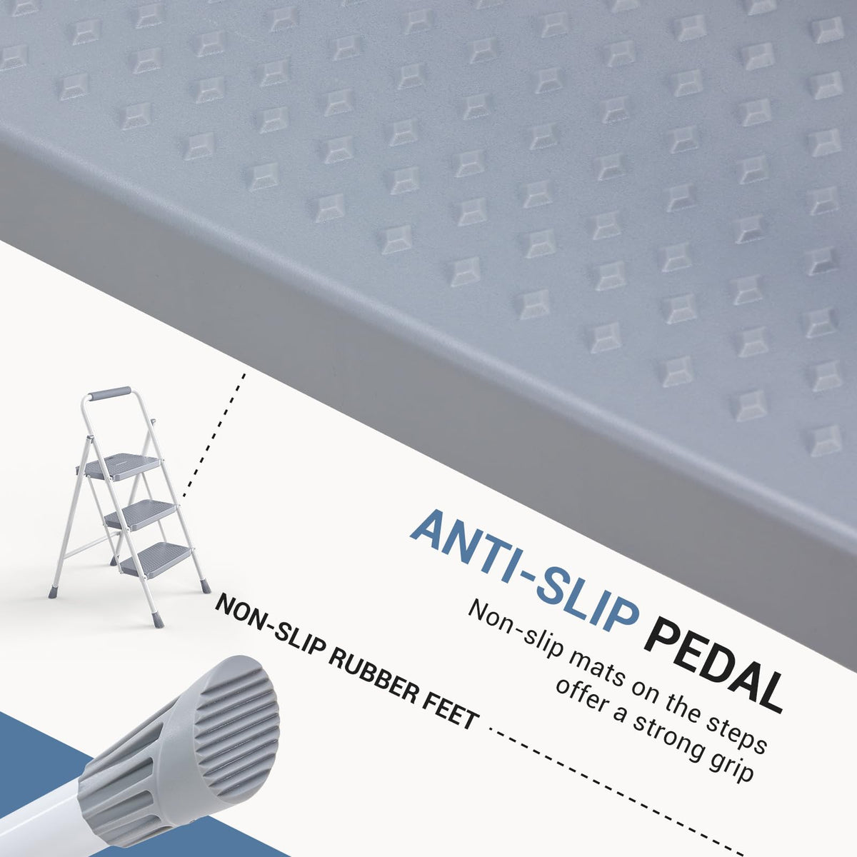 3 Step Ladder with Anti-Slip Pedal and Handrail, 800lbs, Grey D479