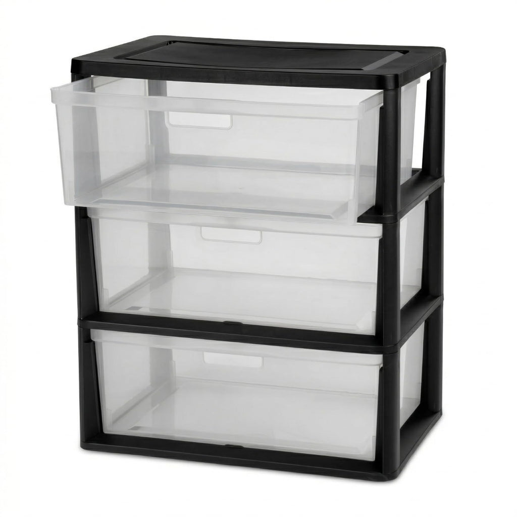 Black 3 Drawer Storage Organizer Tower with Clear Plastic Bins S978