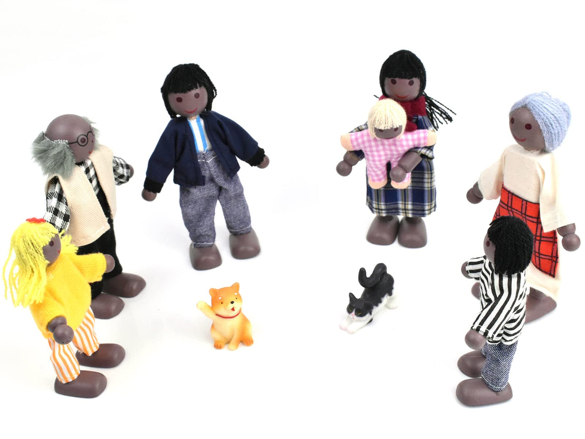 Wooden Dollhouse People 7 Pcs Family Figures with 2 Pets X850