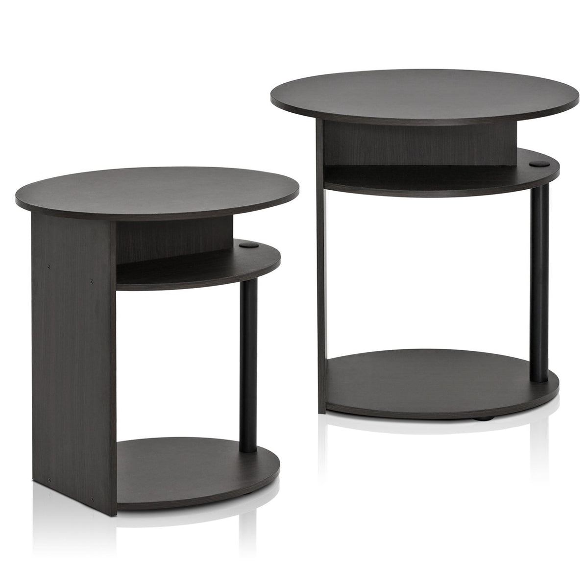 Set of 2 Round End Table with Oval Tabletop and Open Shelf, Walnut J5347