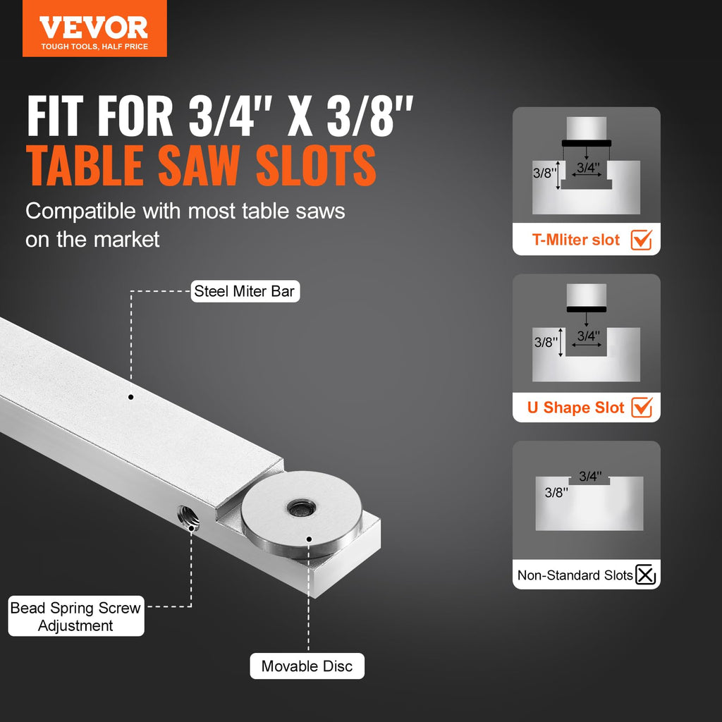 Precision Miter Gauge, 3/4'' x 3/8'', Aluminum Alloy Table Saw Miter Gauge with 15 Angle Stops J865
