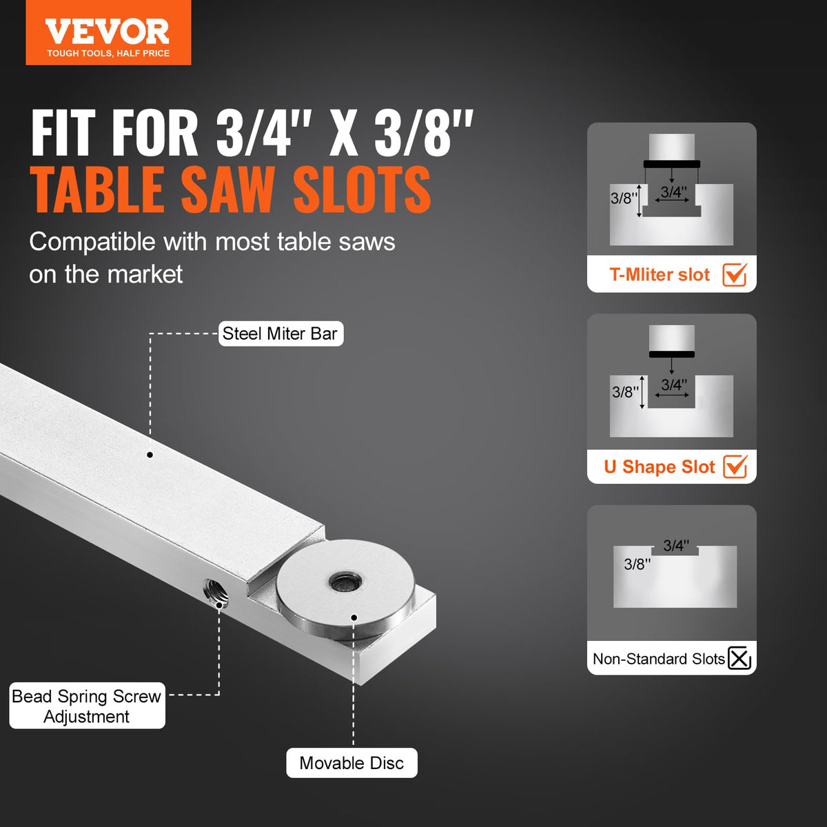Precision Miter Gauge, 3/4'' x 3/8'', Aluminum Alloy Table Saw Miter Gauge with 15 Angle Stops J865