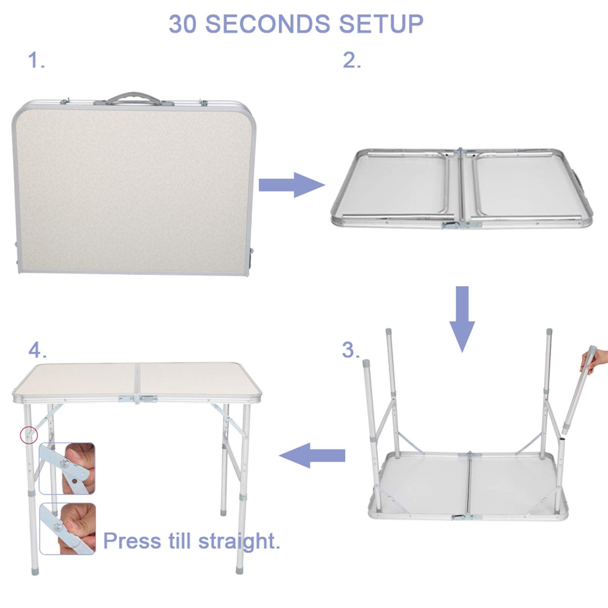 Aluminum Portable Folding Camping Table Adjustable Height Lightweight White S214