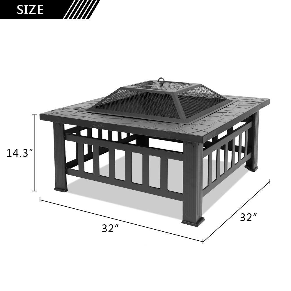 32" Metal Square Fire Pit with Charcoal Rack I1379