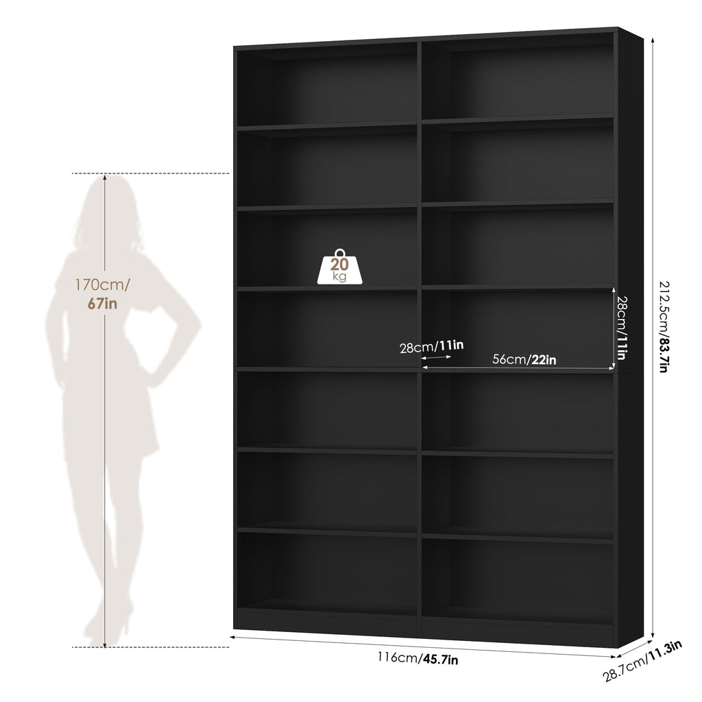 83.7" Tall 7-Tier Double Black Bookshelf and Bookcase A857944