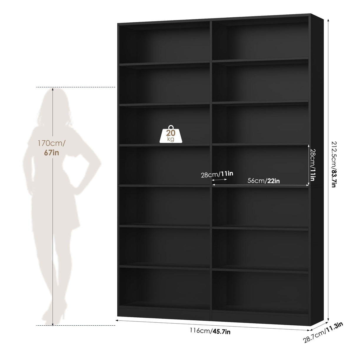 83.7" Tall 7-Tier Double Black Bookshelf and Bookcase A857944