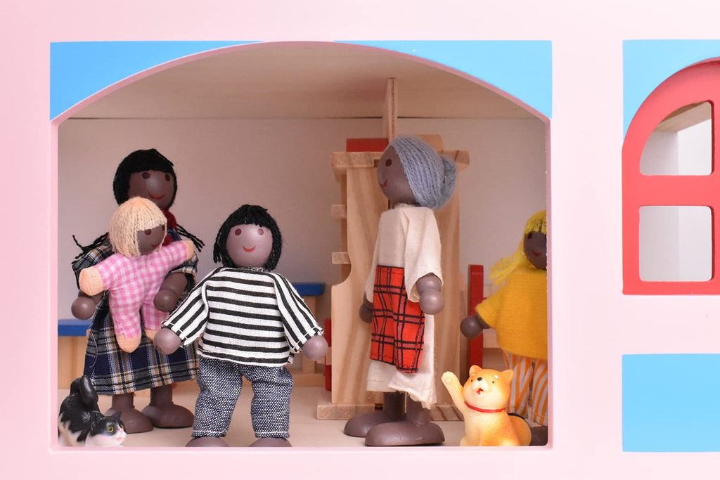 Wooden Dollhouse People 7 Pcs Family Figures with 2 Pets X850