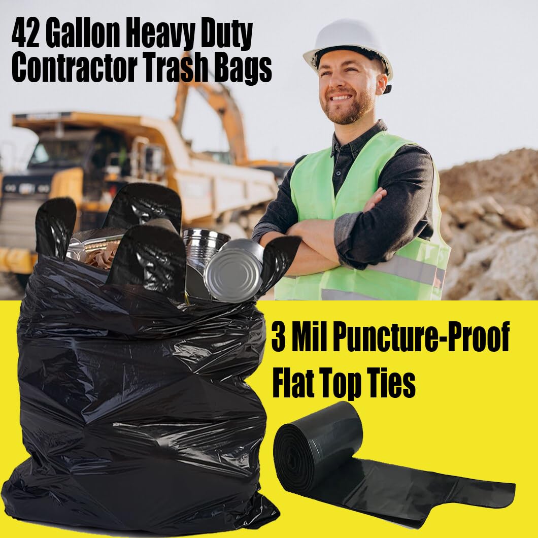 Heavy Duty 42 Gallon 10 Count 3 MIL Black Flap Tie Trash Bags G213653