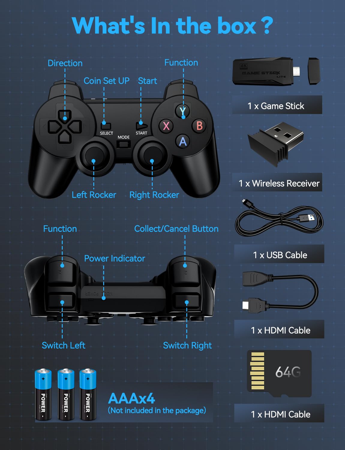 Black 4K Retro Gaming Console with 2.4G Wireless Controllers O412