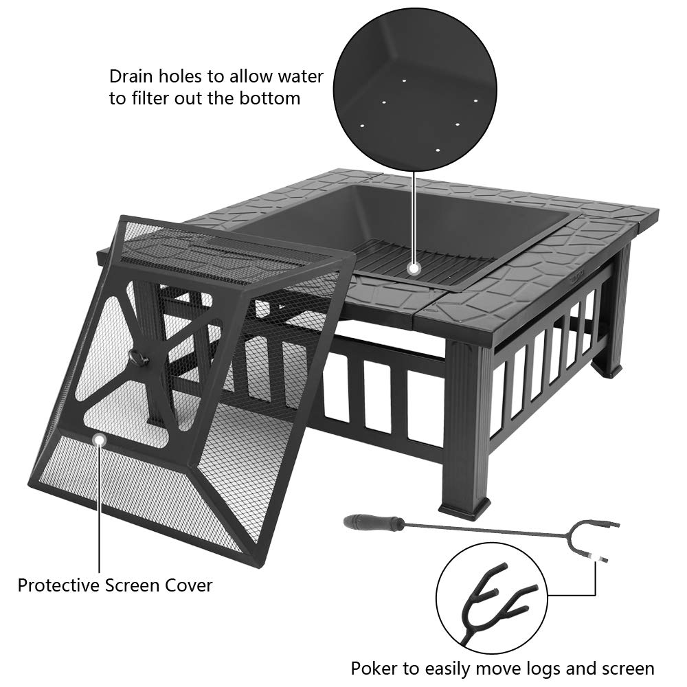32" Metal Square Fire Pit with Charcoal Rack I1379
