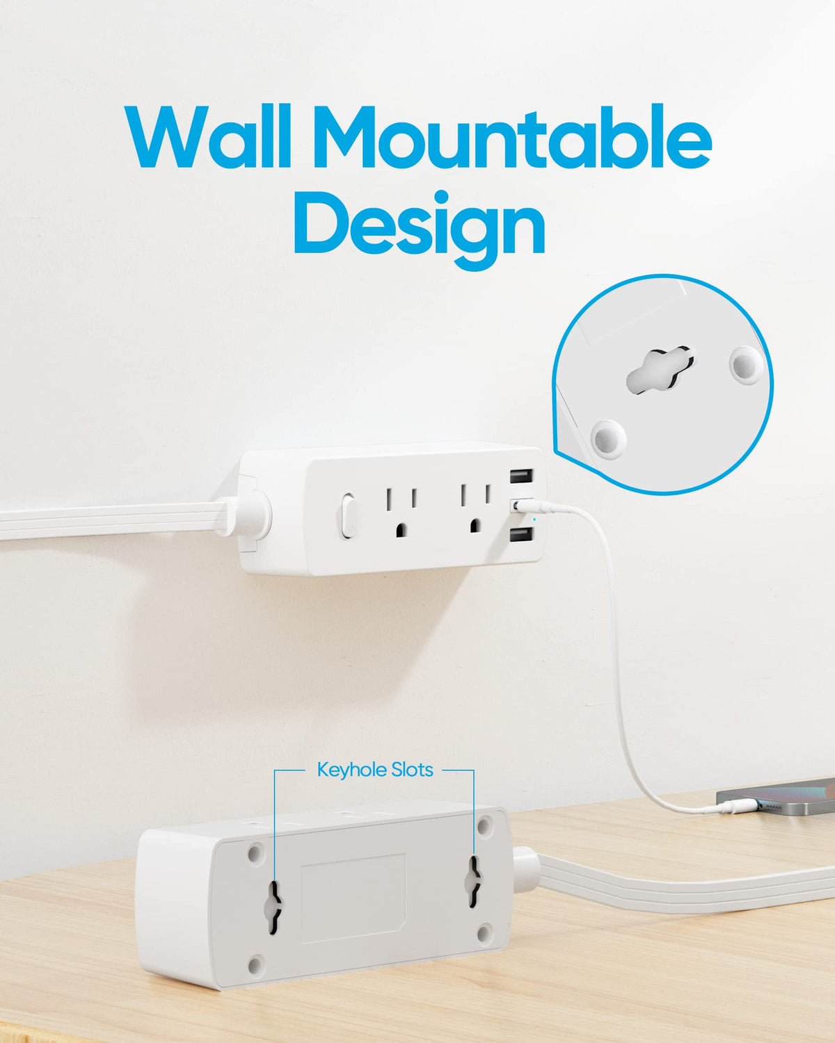 Flat Plug Power Strip with 5 FT Extension Cord, 6 Outlets 3 USB Ports, White A30355