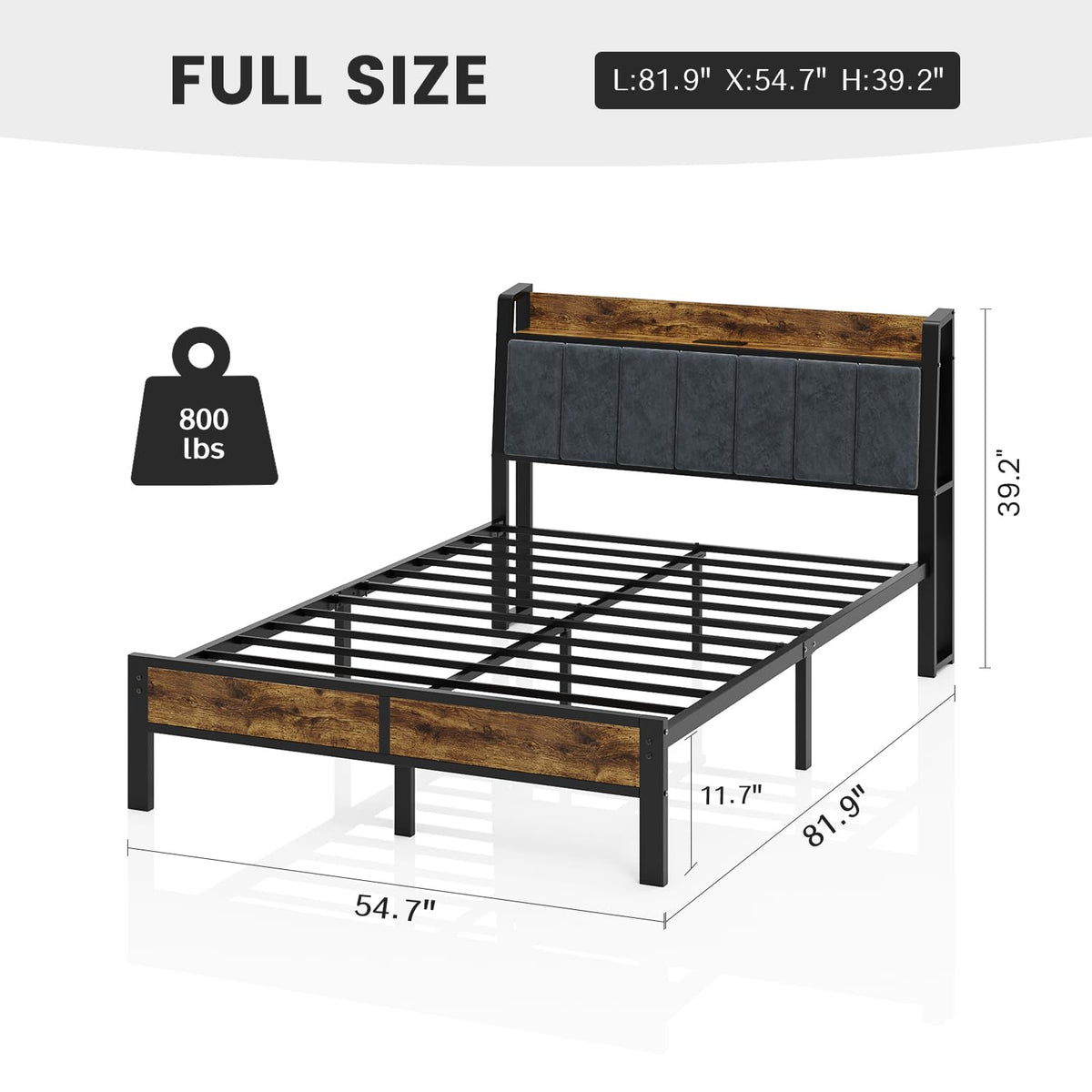 Full Size Bed Frame with LED Light and Charging Station V620