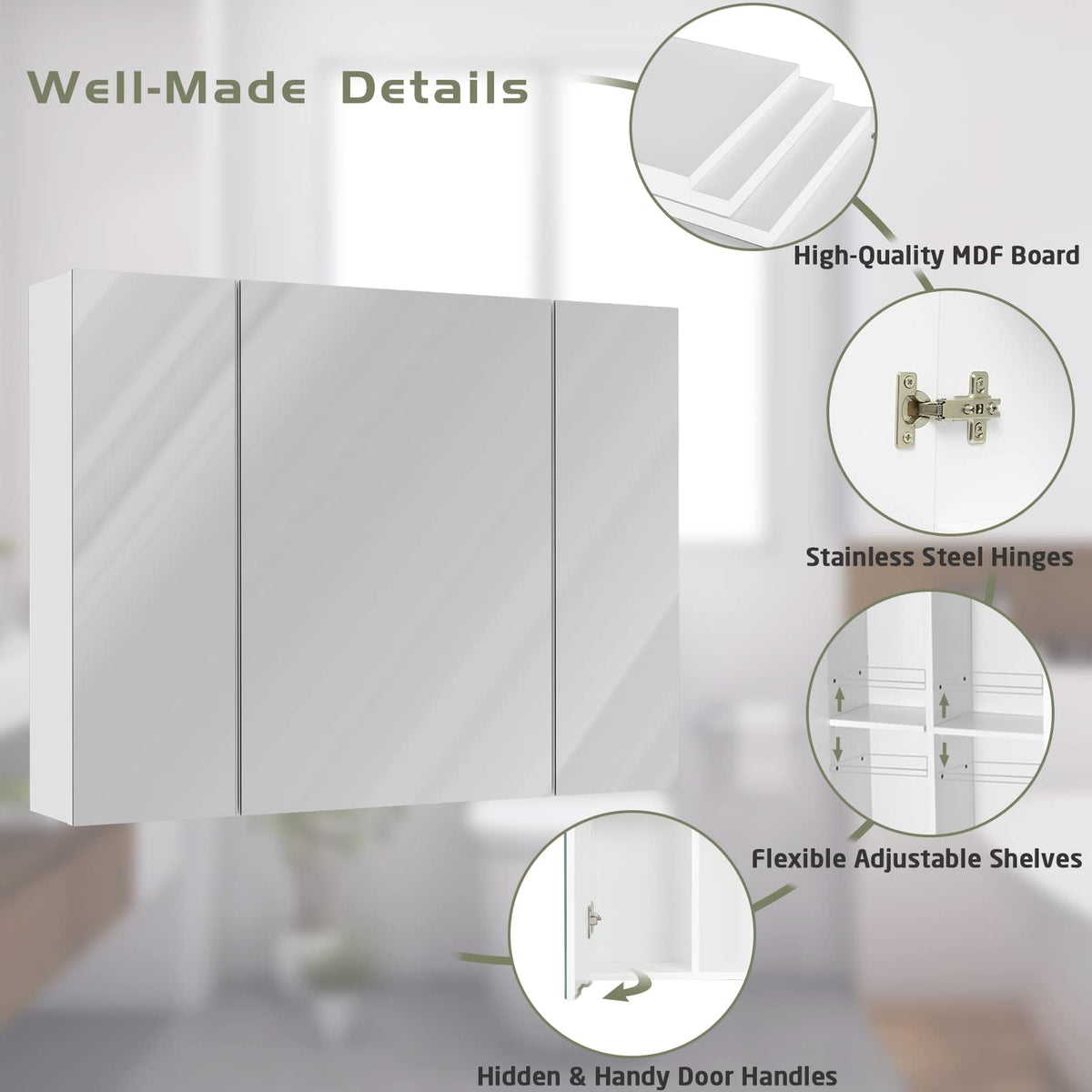 White 3 Door Bathroom Mirror Cabinet with Adjustable Shelves X4221