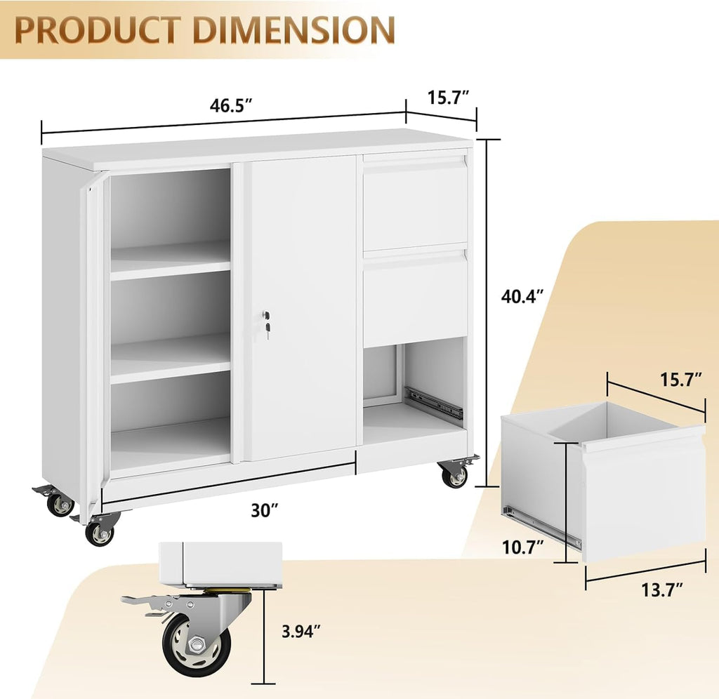 47" H 3 Drawer White Rolling Metal File Cabinet B55834