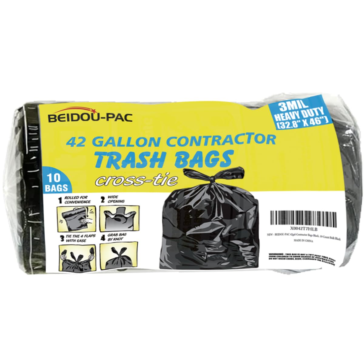 Heavy Duty 42 Gallon 10 Count 3 MIL Black Flap Tie Trash Bags G213653