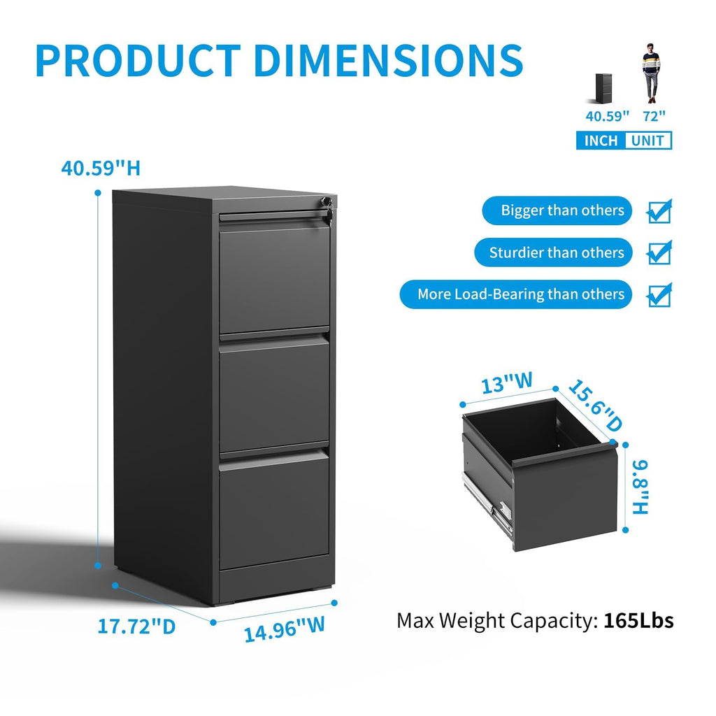 Black 3 Drawer Locking Metal Filing Cabinet W672538