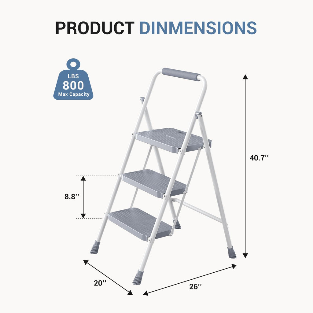3 Step Ladder with Anti-Slip Pedal and Handrail, 800lbs, Grey D479
