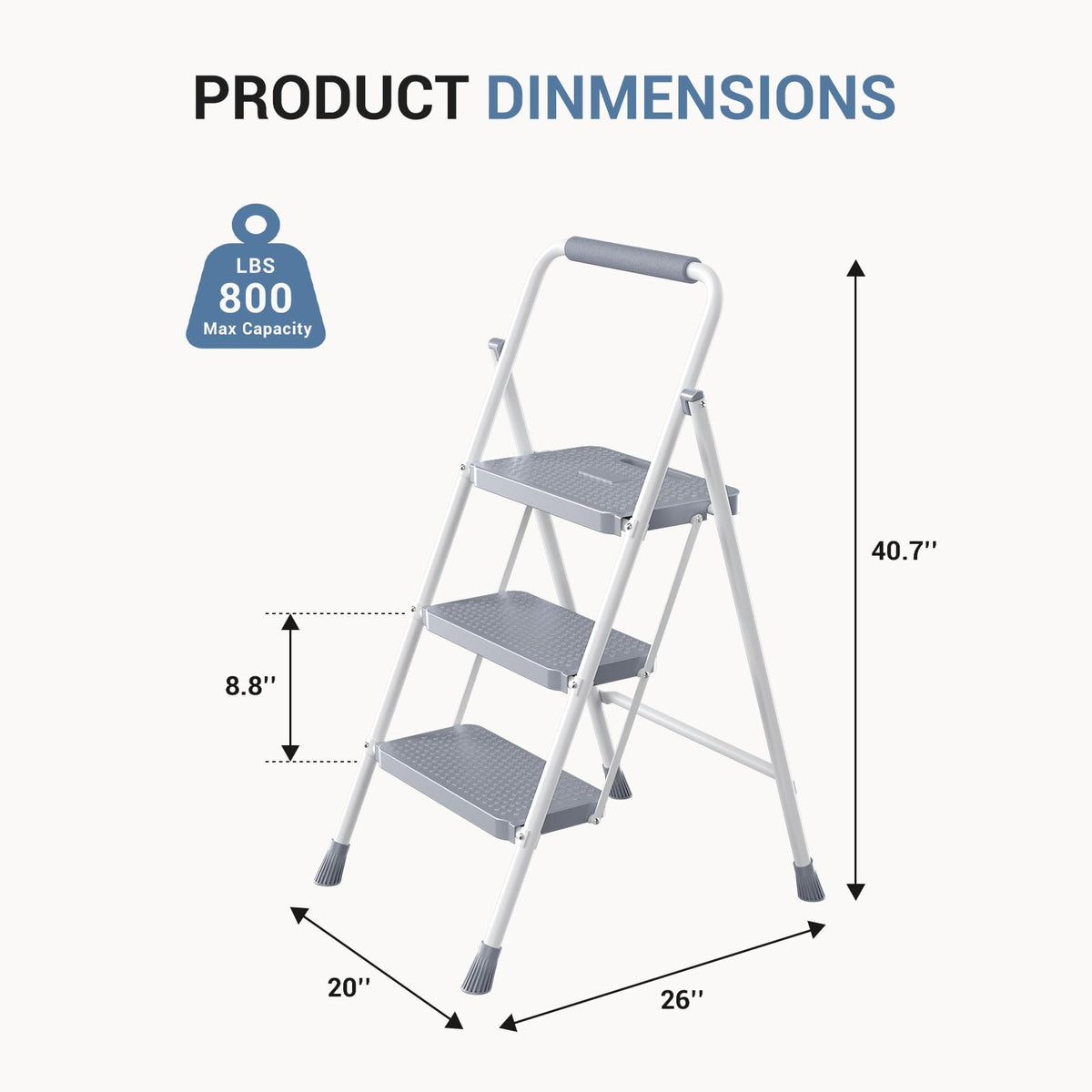 3 Step Ladder with Anti-Slip Pedal and Handrail, 800lbs, Grey D479