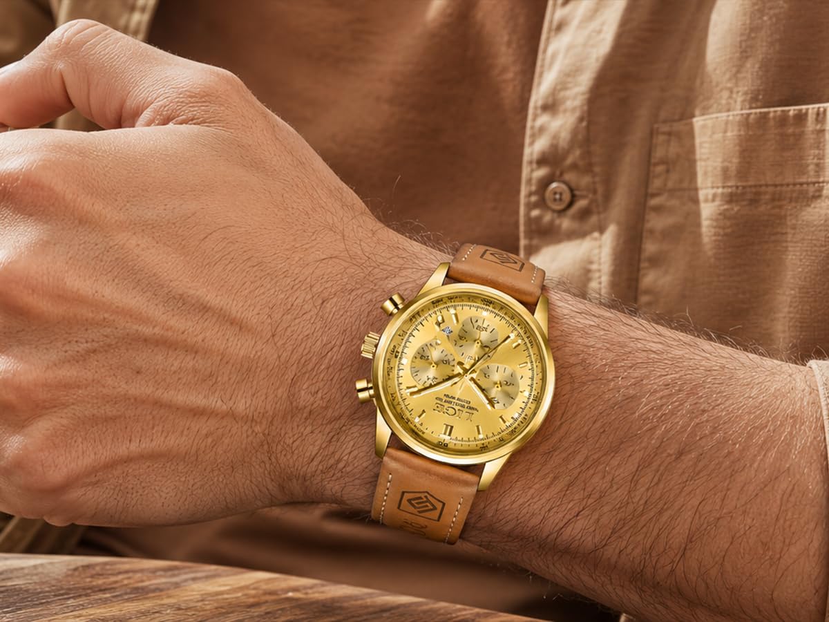 Gold-Tone Quartz Chronograph Watch Brown Leather Strap E9679