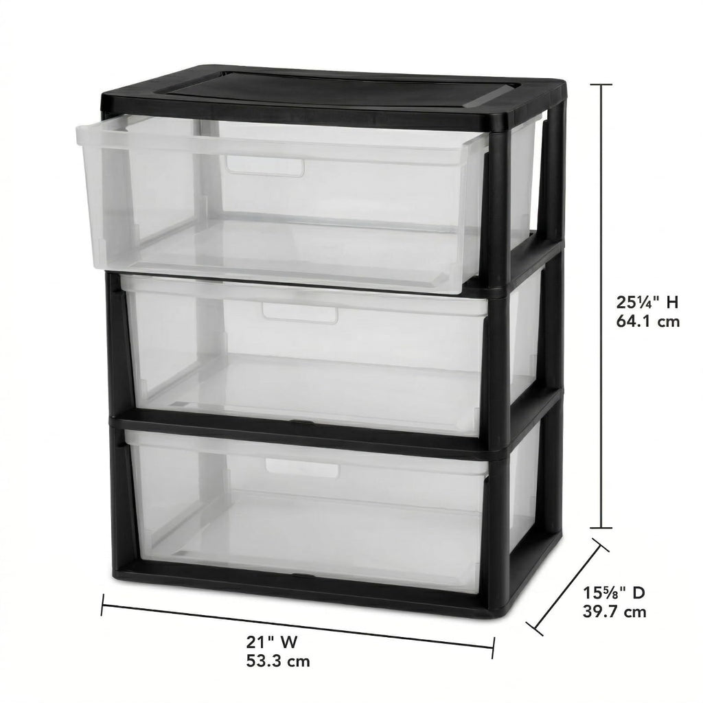 Black 3 Drawer Storage Organizer Tower with Clear Plastic Bins S978