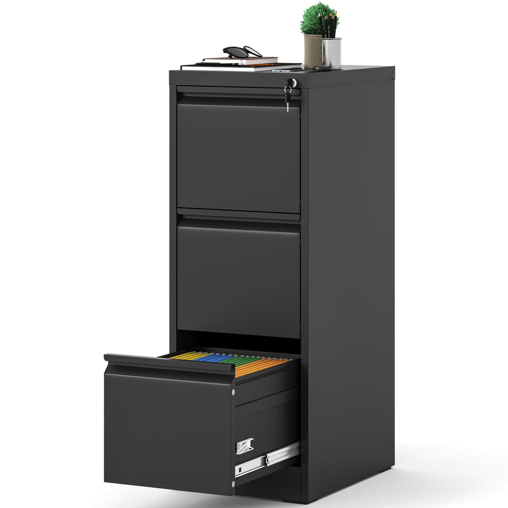 3 Drawer Black Metal File Cabinet with Lock W141