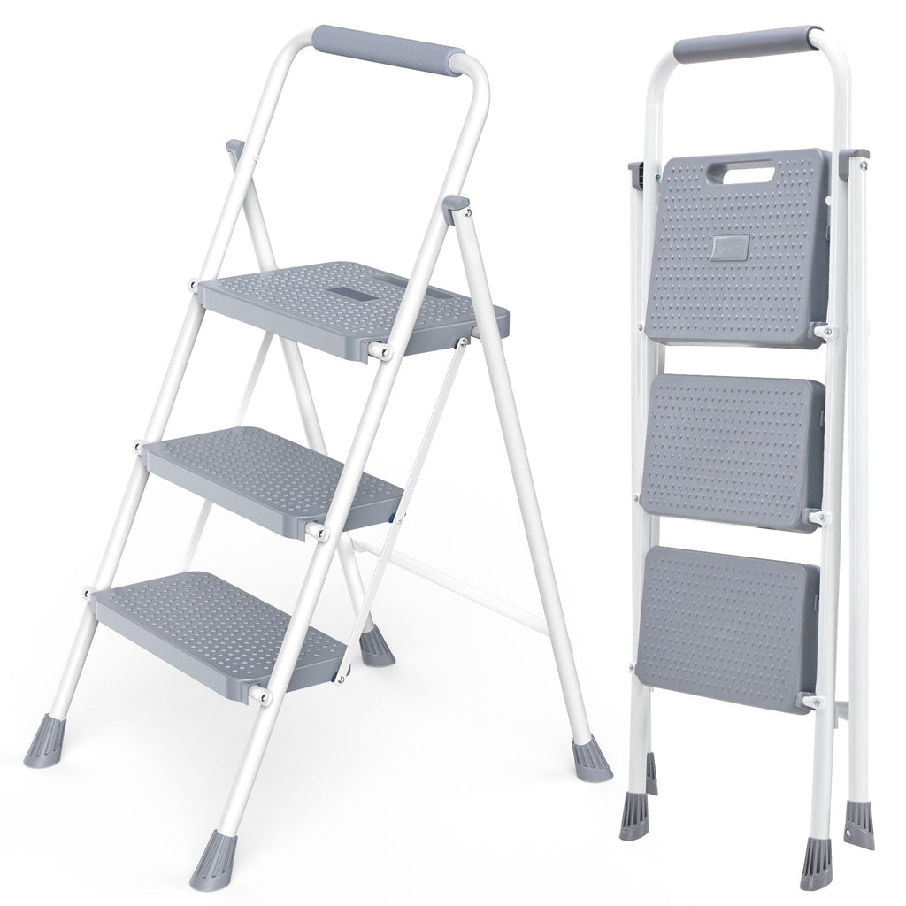 3 Step Ladder with Anti-Slip Pedal and Handrail, 800lbs, Grey D479