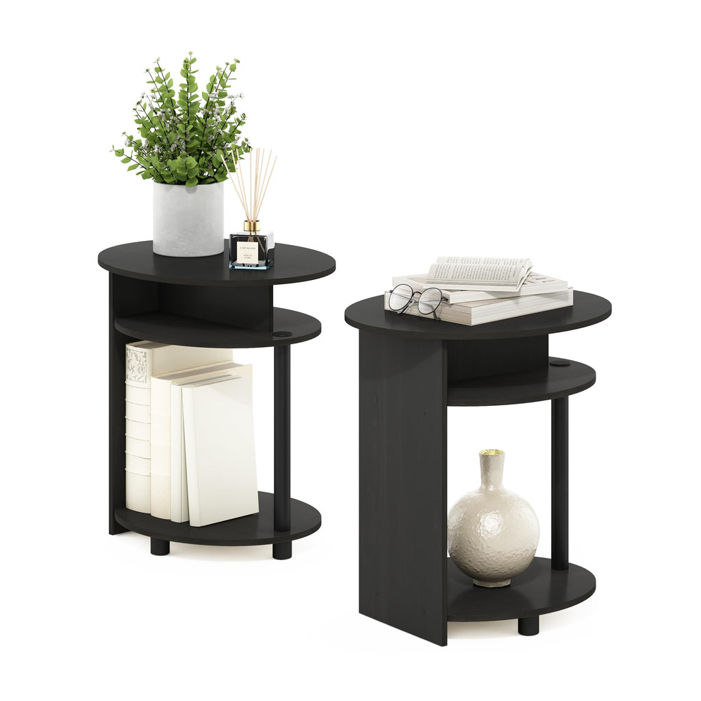Set of 2 Round End Table with Oval Tabletop and Open Shelf, Walnut J5347