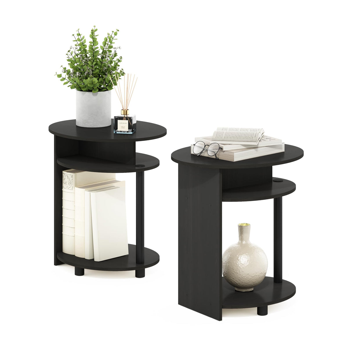 Set of 2 Round End Table with Oval Tabletop and Open Shelf, Walnut J5347