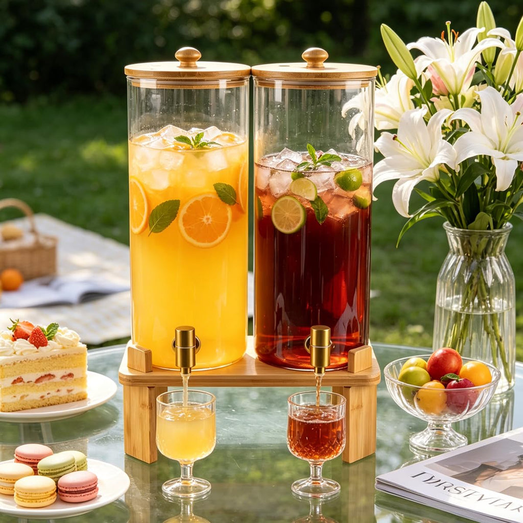 2 Gallon Glass Beverage Dispenser with Spigot and Bamboo Stand Q396