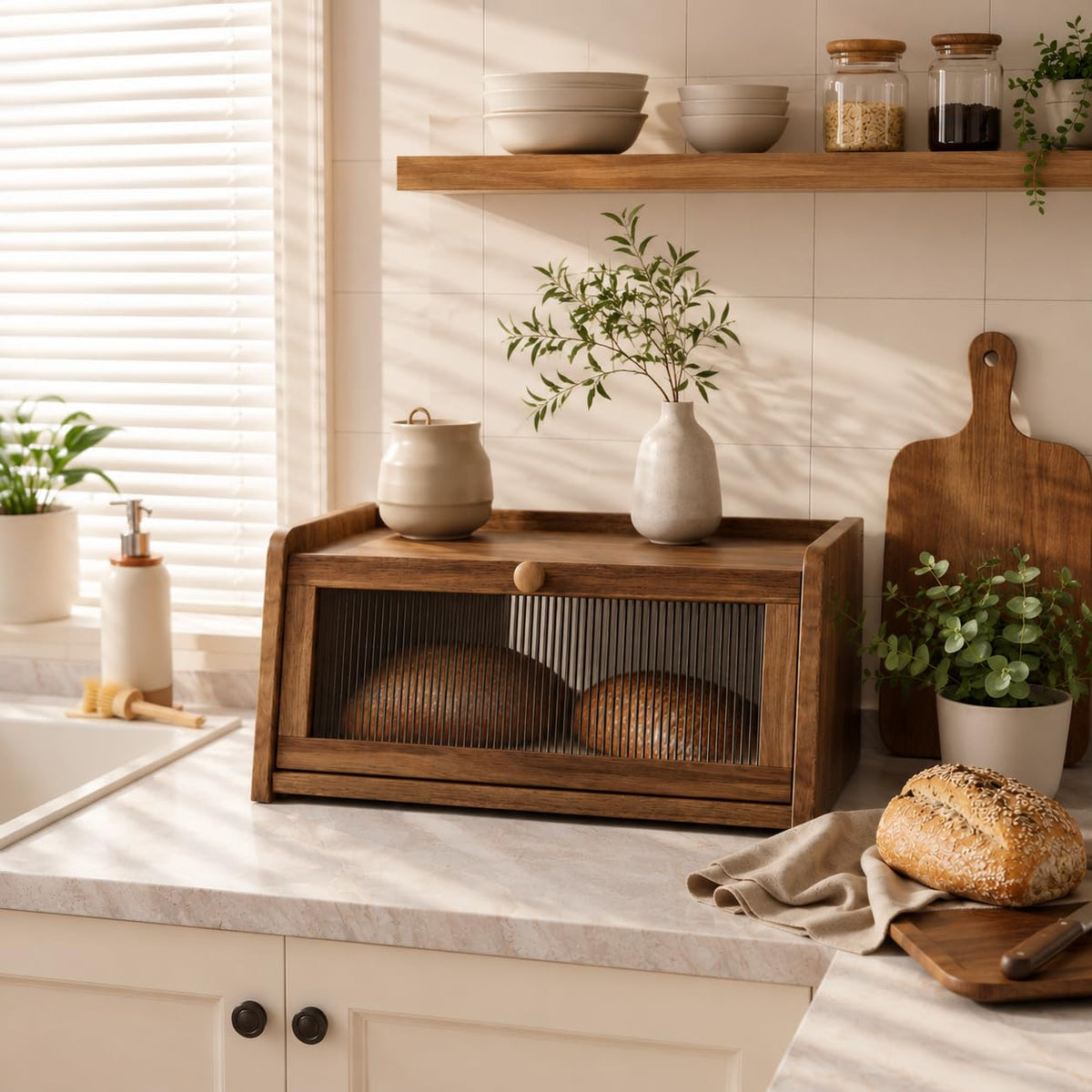 Acacia Wood Bread Box with Acrylic Window B556009
