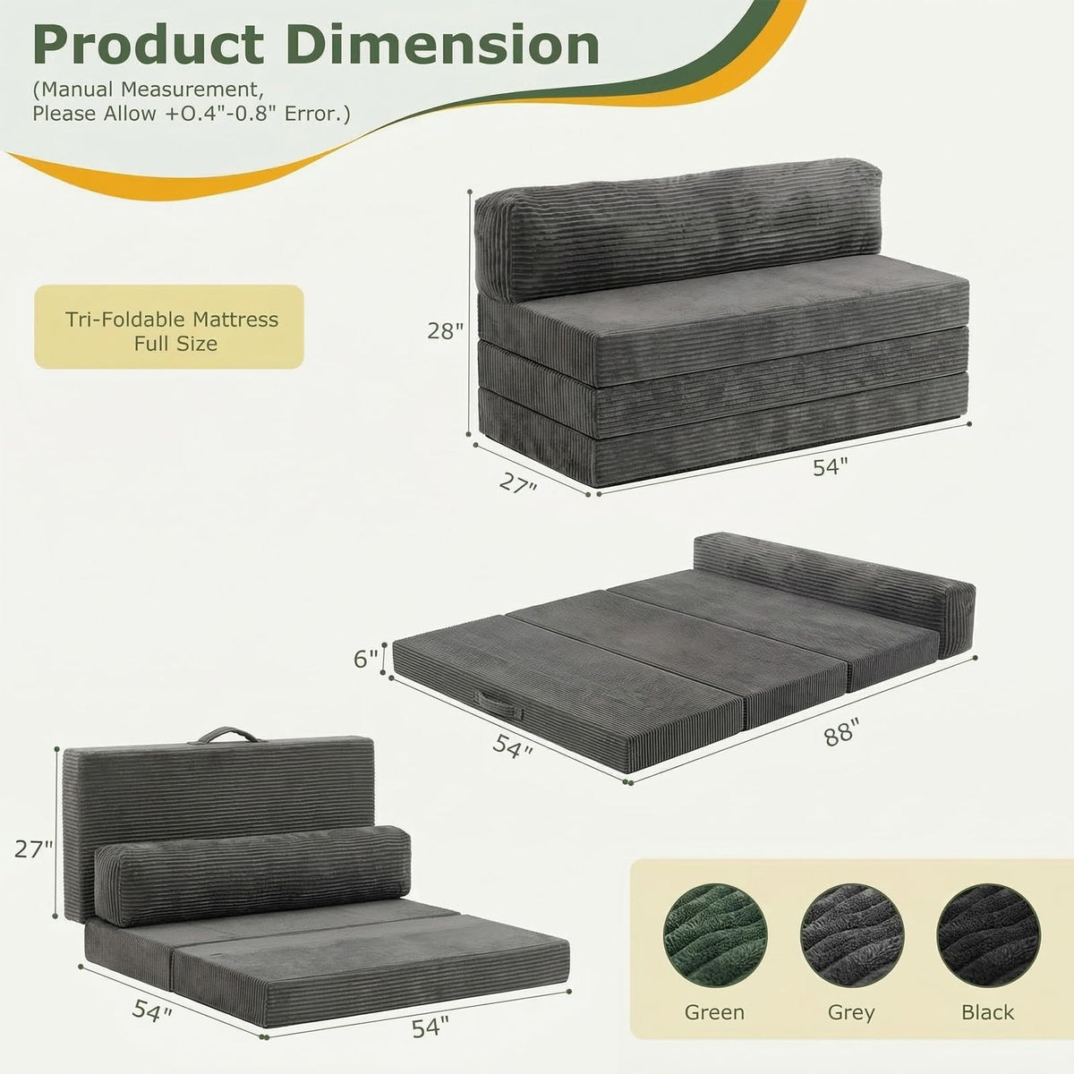 6 inch Tri-Folding Full Size Grey Mattress R351