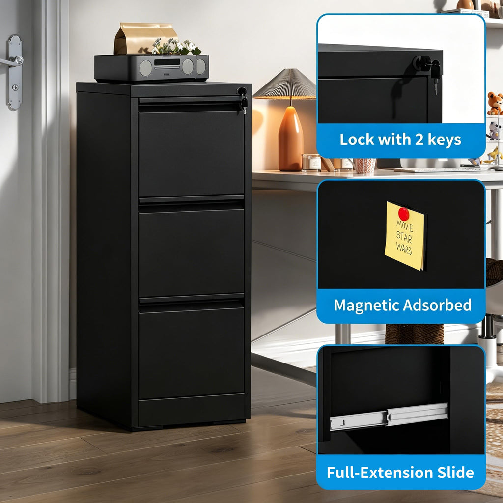 Black 3 Drawer Locking Metal Filing Cabinet W672538