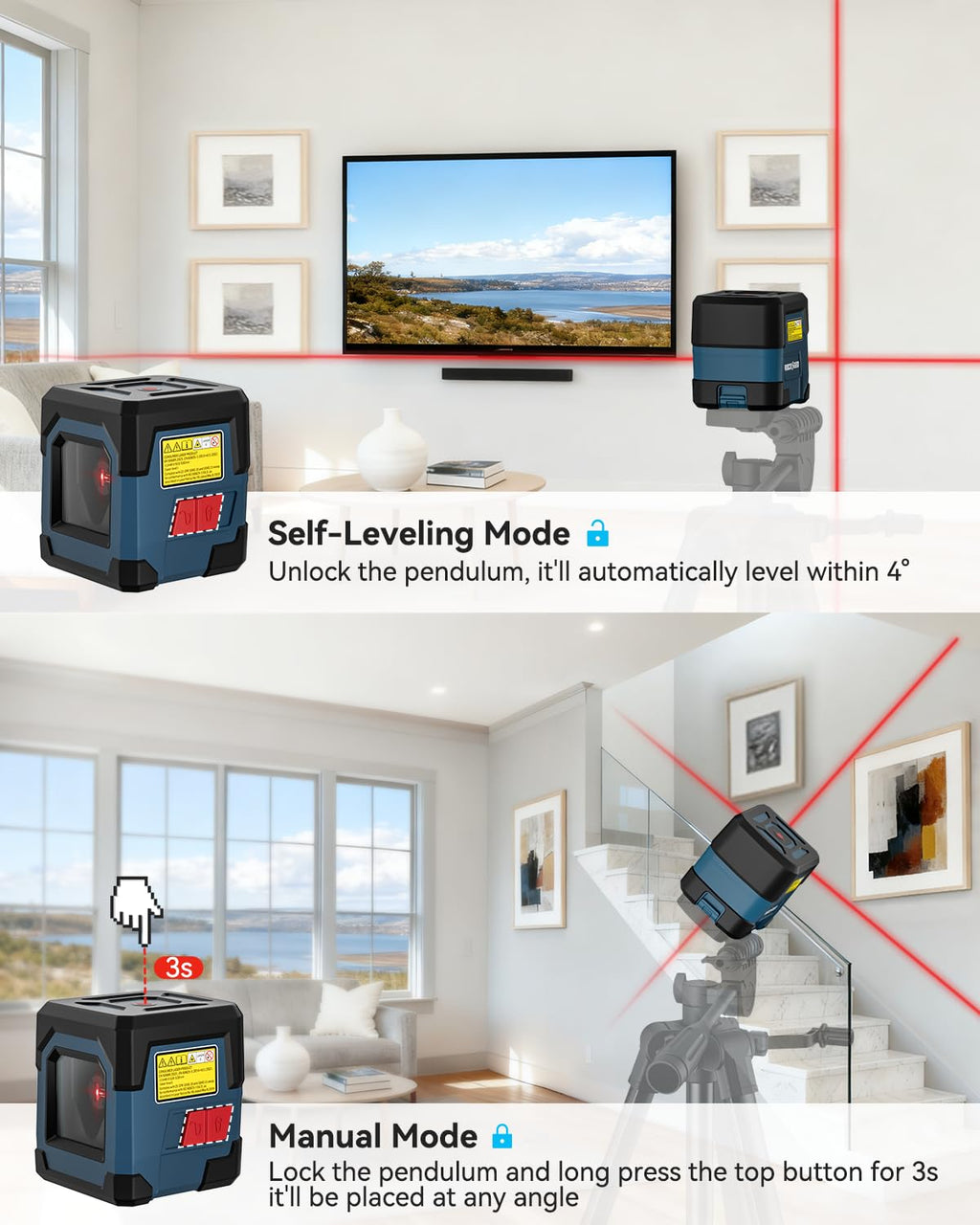 Cross Line Laser Level with Self-Leveling, Vertical and Horizontal Line, 360 Degree, Carrying Pouch, Battery Included C19135