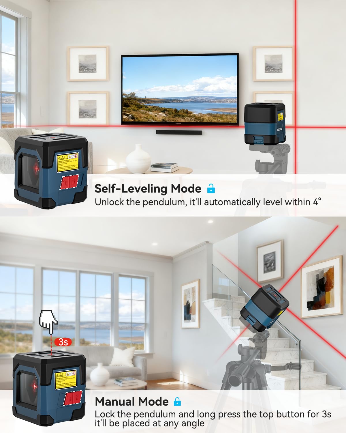 Cross Line Laser Level with Self-Leveling, Vertical and Horizontal Line, 360 Degree, Carrying Pouch, Battery Included C19135