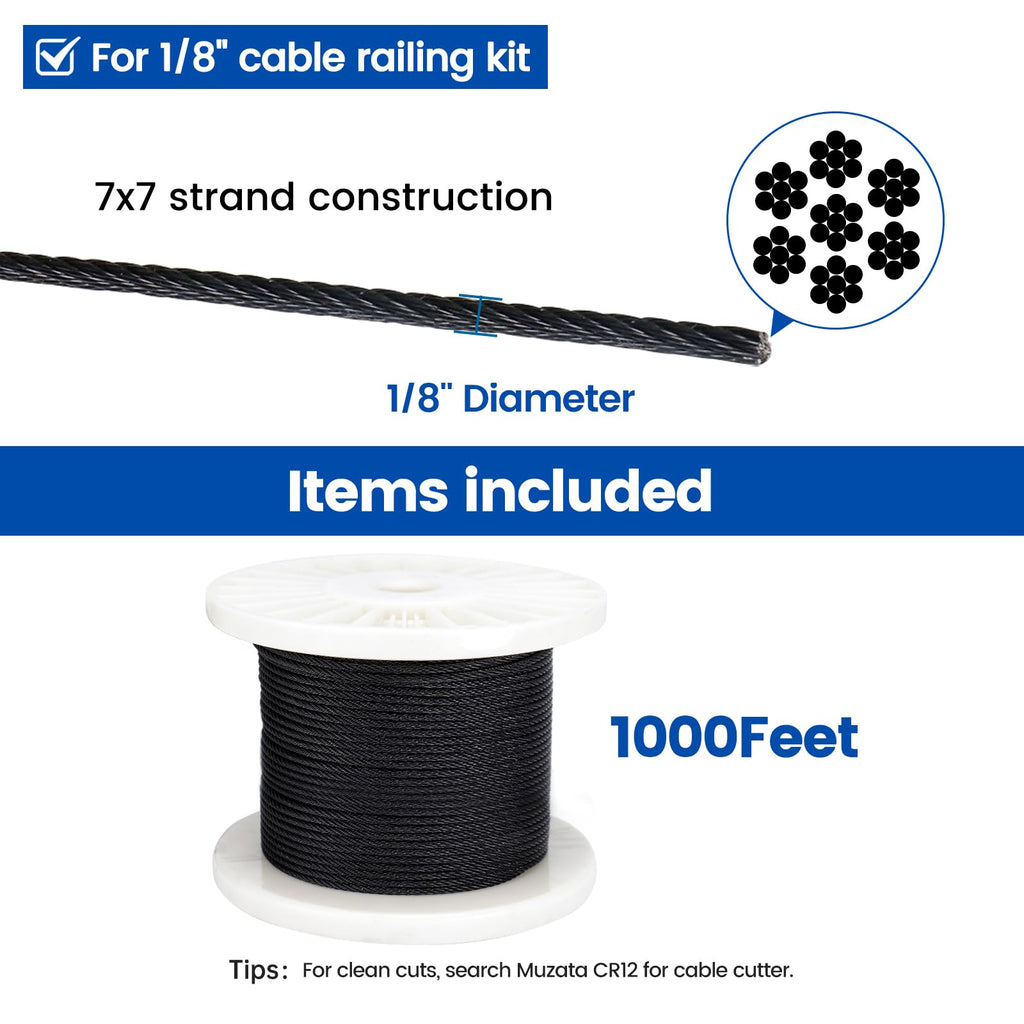 1/8" Black T316 Stainless Steel Cable Railing Wire Rope O3658