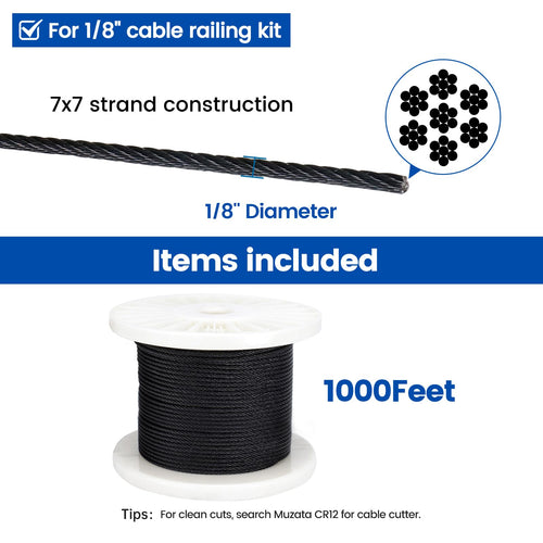 1/8" Black T316 Stainless Steel Cable Railing Wire Rope O3658