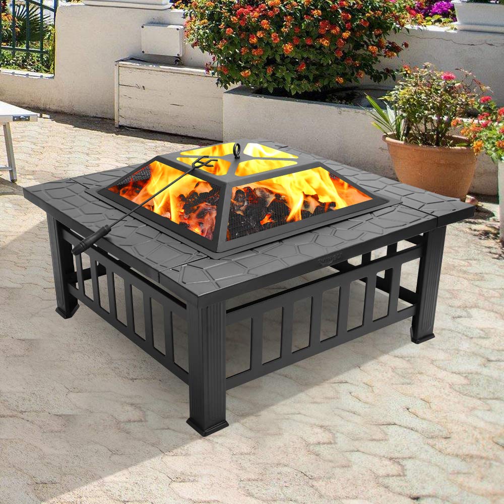 32" Metal Square Fire Pit with Charcoal Rack I1379