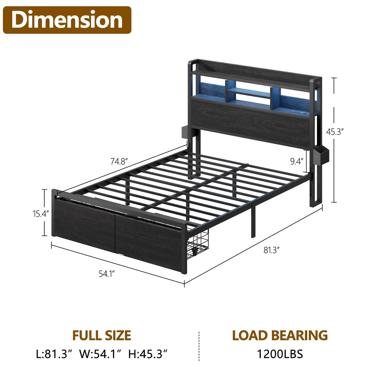 Full Size Bed Frame with Headboard and Charging Station C572726