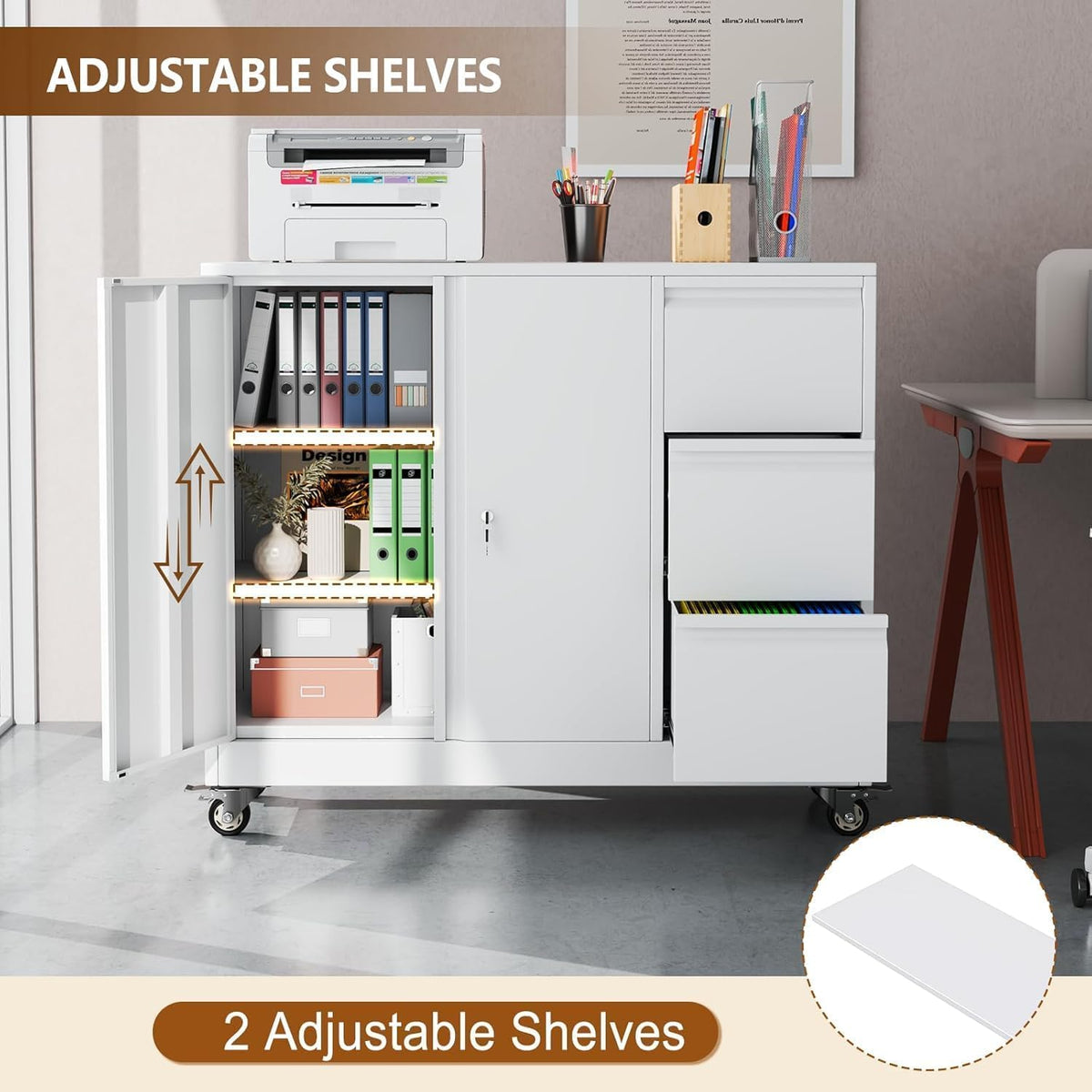 47" H 3 Drawer White Rolling Metal File Cabinet B55834