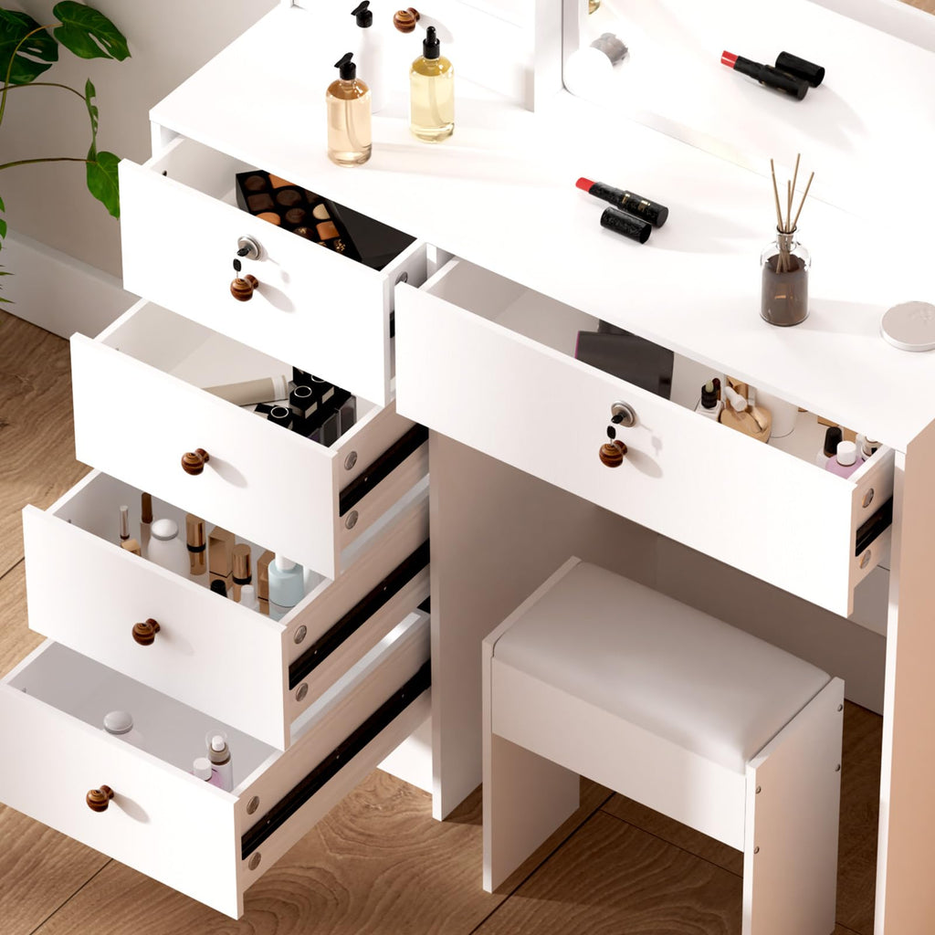 White Vanity Mirror with Lights Desk and Chair 5 Drawers Makeup Table O161108