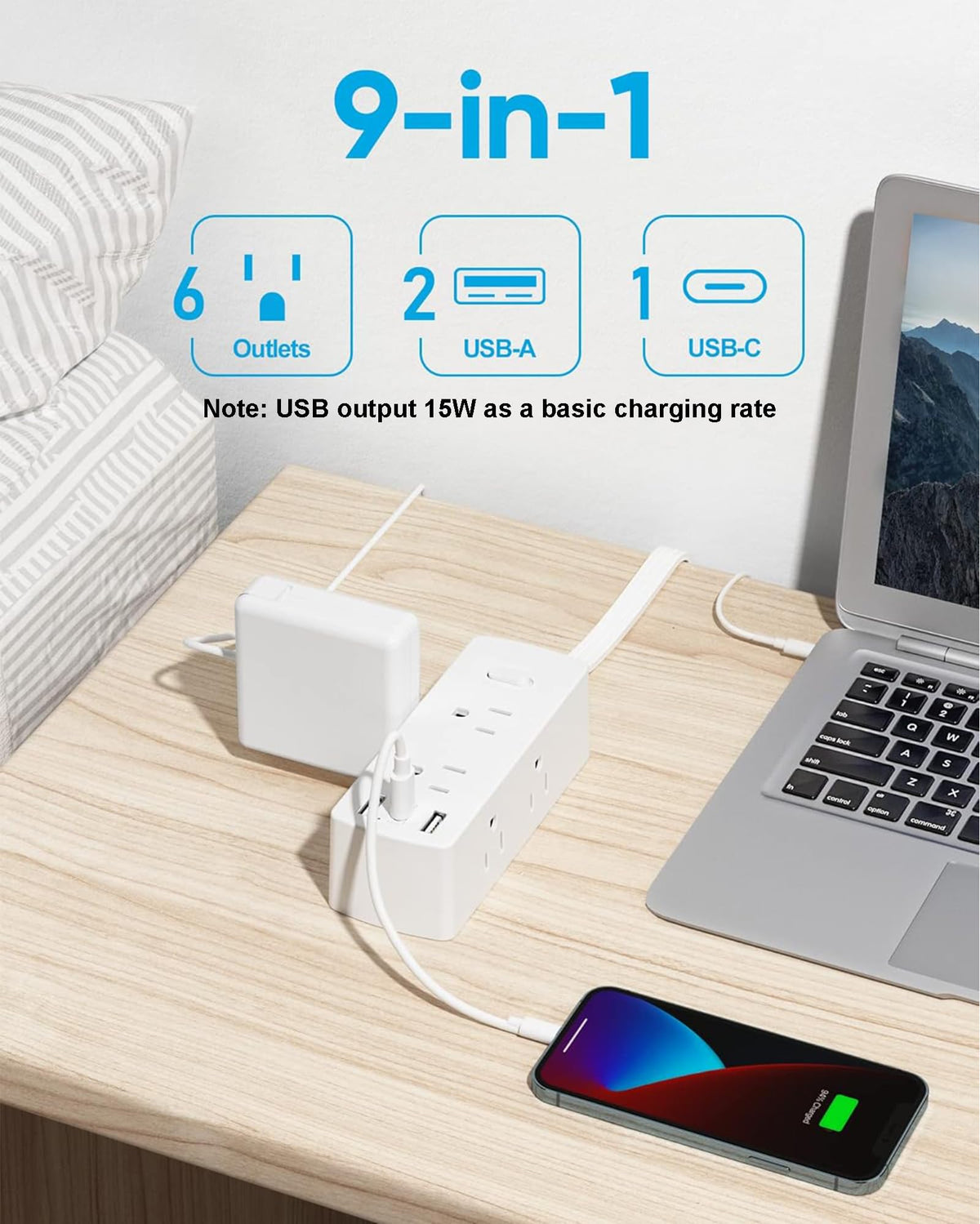 Flat Plug Power Strip with 5 FT Extension Cord, 6 Outlets 3 USB Ports, White A30355