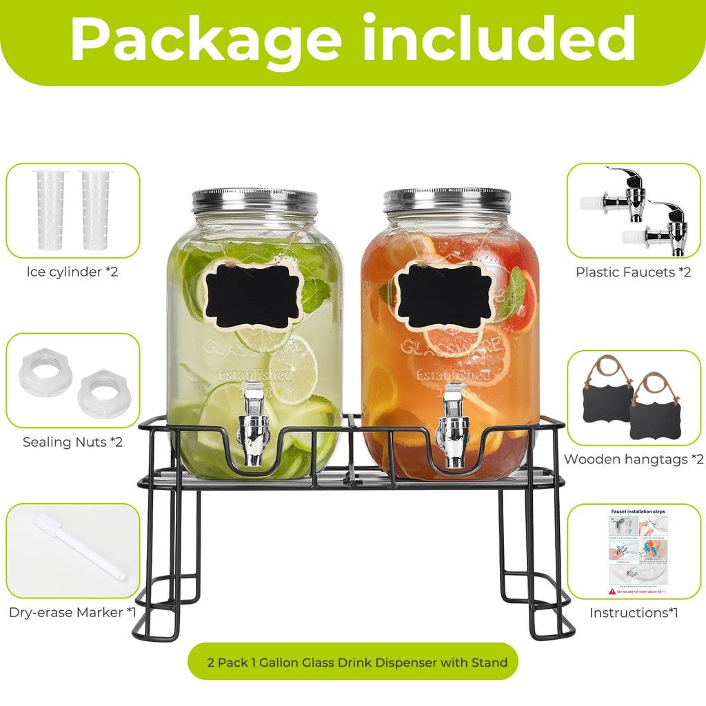 2 Pack 1 Gallon Glass Drink Dispensers with Ice Core M236