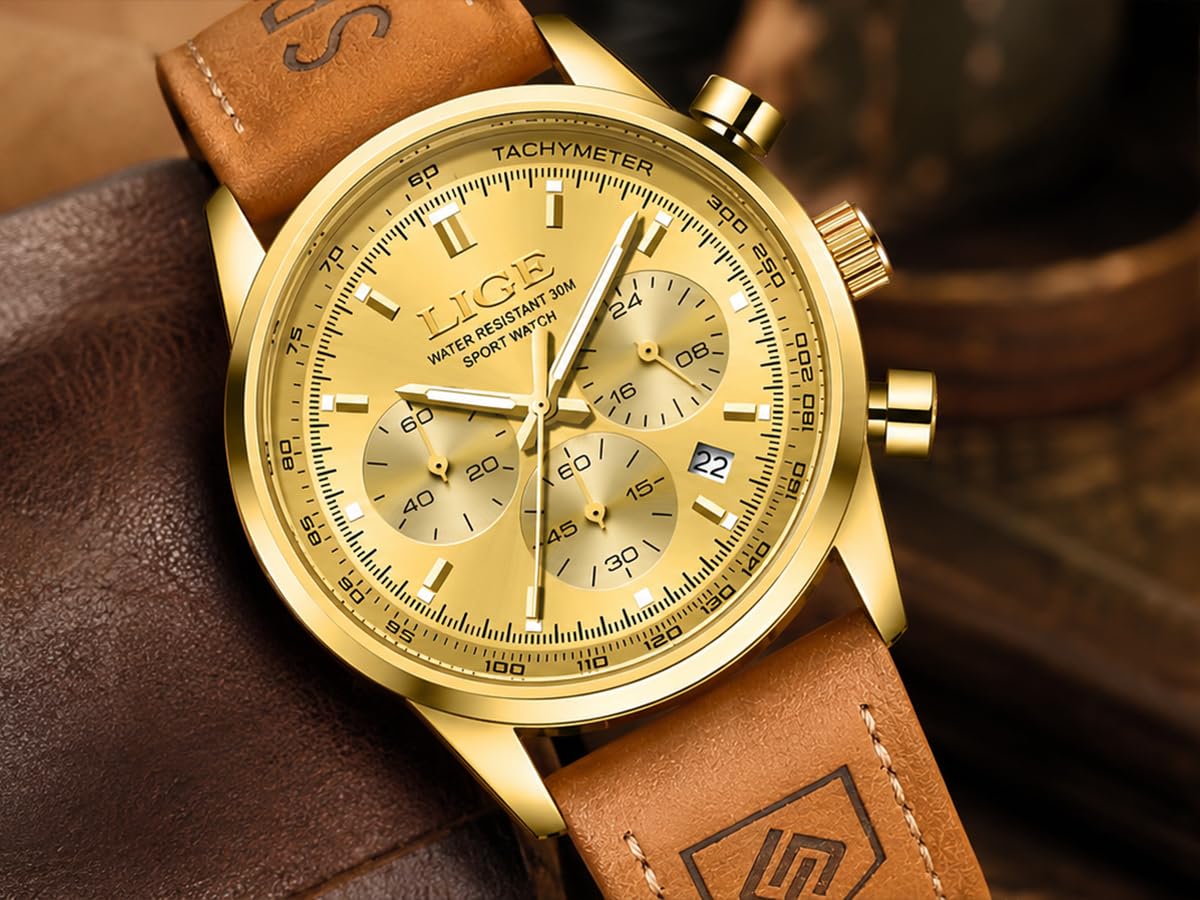 Gold-Tone Quartz Chronograph Watch Brown Leather Strap E9679