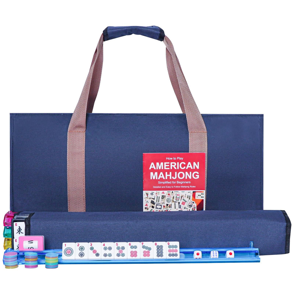 American Mahjong Game Set, 166 White Tiles, 4 Color Rack/Pushers, Blue Carrying Bag I628996